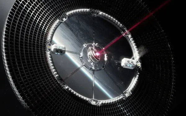 4K Ultra HD PC desktop wallpaper/background: a sci‑fi space station — a circular ring with central hub firing a red beam into deep space, set against a starfield.