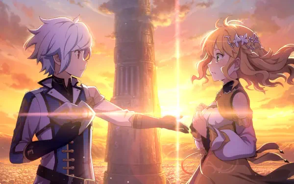 HD PC desktop wallpaper/background of Bell Cranel and Harmonia from Is It Wrong to Try to Pick Up Girls in a Dungeon?, reaching hands as a golden sunset lights a distant tower.