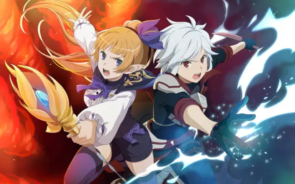 HD PC wallpaper of Bell Cranel and Lefiya Viridis from Is It Wrong to Try to Pick Up Girls in a Dungeon?, leaping forward amid fiery and bluish magical energy.