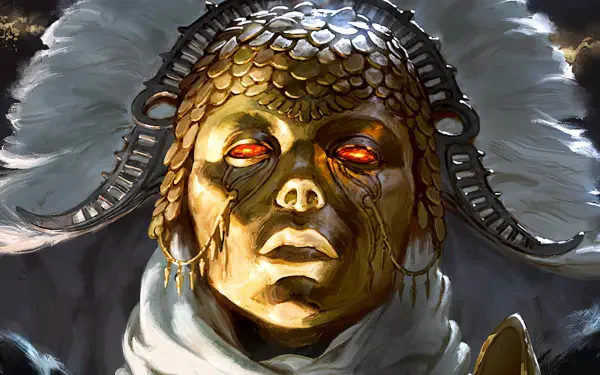 HD PC desktop wallpaper of a golden, ornate mask with glowing red eyes and feathered helmet from the video game Titan Quest II.