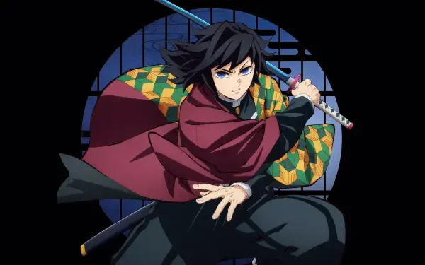 4K Ultra HD PC wallpaper of Giyuu Tomioka from Demon Slayer: Kimetsu no Yaiba — The Movie: Infinity Castle, poised with sword and flowing haori against a black circular backdrop.