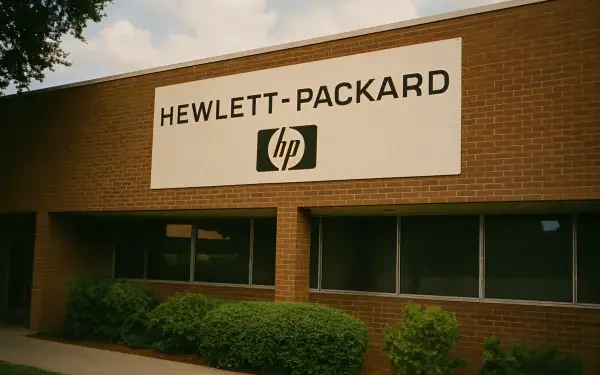 Hewlett-Packard brick office facade with prominent HP logo, presented as a 4K Ultra HD PC desktop wallpaper and background.