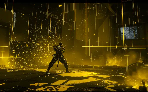 Futuristic neon-gold dojo with an armored figure poised center-stage amid falling light streaks, sparks and digital grids — 4K Ultra HD PC desktop wallpaper and background.