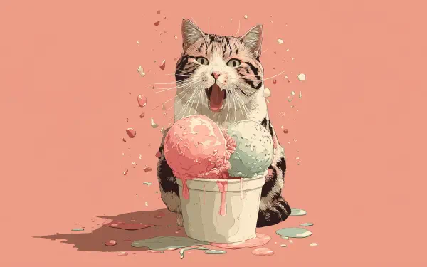 HD PC wallpaper: AI-art Ice Scream scene of a tabby cat joyfully licking melting pastel ice cream from a cup, colorful drips on a warm coral background.
