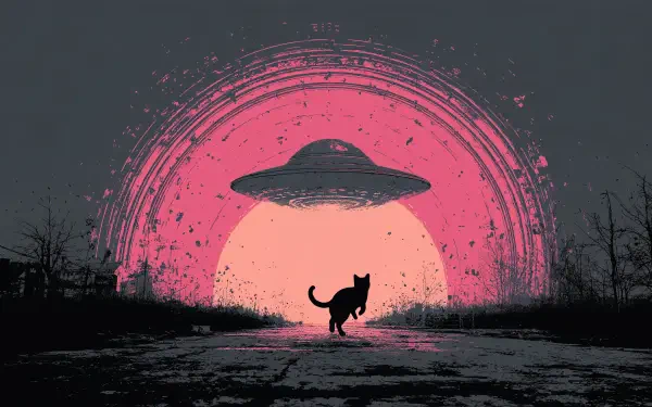 HD AI art desktop wallpaper: silhouetted cat prances toward a hovering alien spaceship against a pink, logo-style moon backdrop — a funny, whimsical sci-fi background.