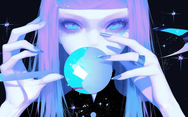 HD PC desktop wallpaper: anime fantasy witch girl with long purple hair holding a glowing blue orb, cosmic stars and a ringed planet backdrop.