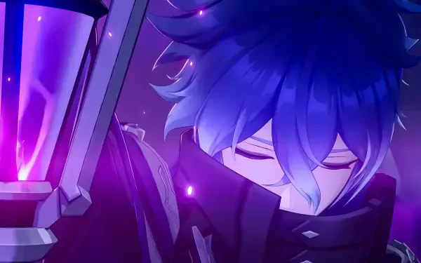 HD PC wallpaper of Flins from Genshin Impact — close-up of his blue hair and closed eyes, purple glow and a sword blade in a moody background.