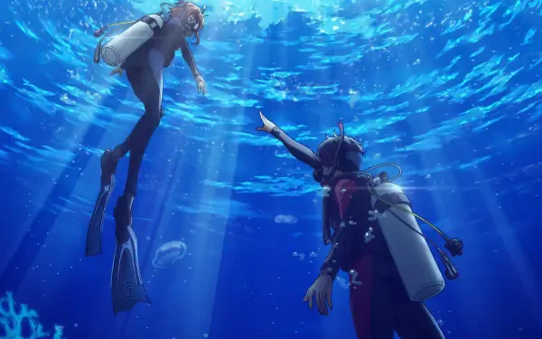 Anime Grand Blue underwater scene: two scuba divers reaching toward shafts of sunlight through deep blue water — HD PC desktop wallpaper background.