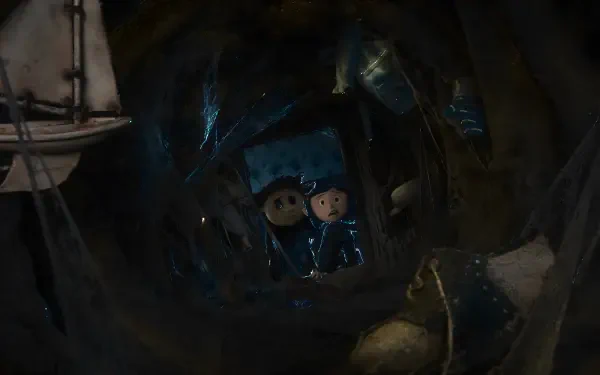 4K Ultra HD PC desktop wallpaper of Coraline Jones from the movie Coraline, peering through a dark tunnel of broken toys and a model ship, lit by eerie blue light.