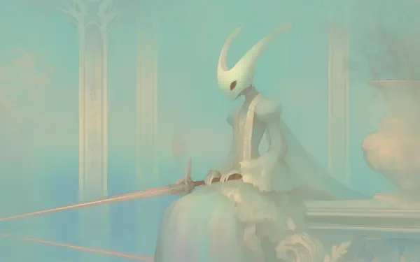 Video game HD PC wallpaper of Hornet from Hollow Knight: Silksong — a pale, graceful fantasy knight seated with her needle weapon amid misty teal pillars.
