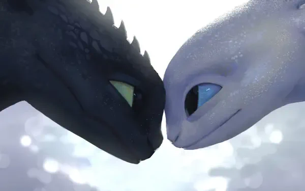 HD PC desktop wallpaper: Toothless and a Light Fury nuzzle nose-to-nose in a glowing scene from the movie How to Train Your Dragon: The Hidden World.