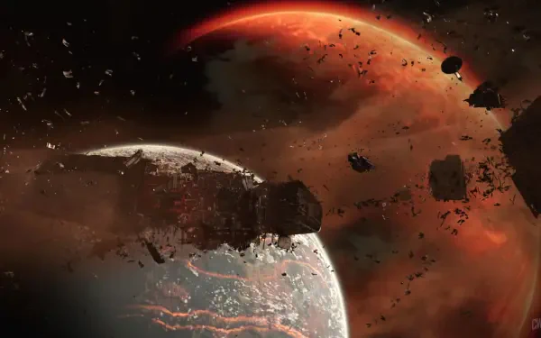HD PC desktop wallpaper from the video game Star Wars Outlaws: a debris-strewn planetscape with a battered freighter drifting before a glowing red gas giant.