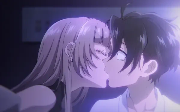 HD PC desktop wallpaper/background of Call of the Night anime: Nazuna Nanakusa and Kou Yamori share a close, moonlit kiss in a softly lit, intimate night scene.