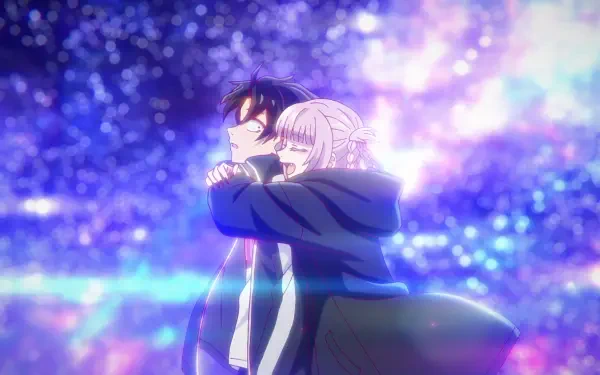 Anime HD desktop wallpaper from Call of the Night: Kou Yamori embraced from behind by Nazuna Nanakusa beneath glowing purple-blue night lights.