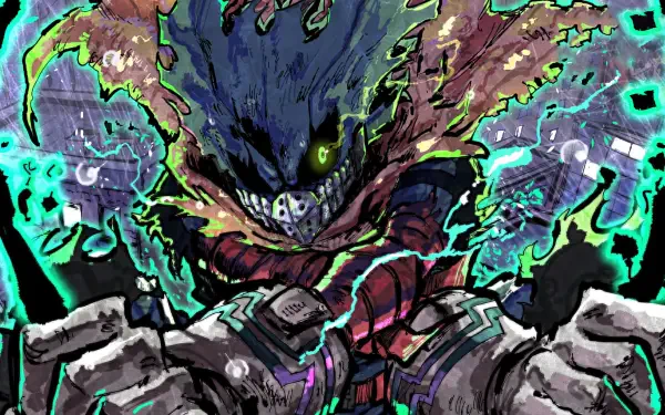 My Hero Academia 4K Ultra HD PC desktop wallpaper and background: menacing, shadowy villain with glowing green energy, torn cloak and mechanical gauntlets reaching forward.