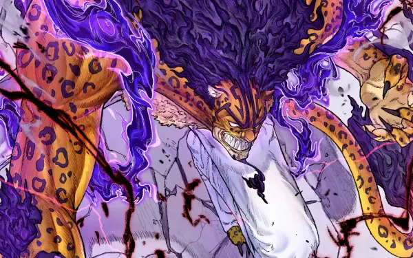 One Piece character in feral leopard form, snarling with a purple aura and blood splatter — 4K Ultra HD PC desktop wallpaper and background.
