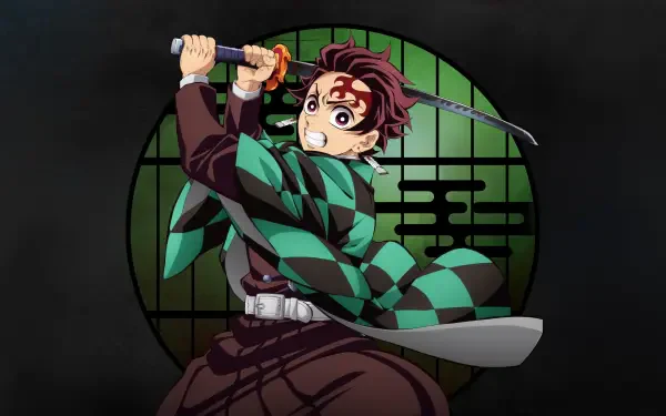 Demon Slayer: Kimetsu no Yaiba 4K Ultra HD PC wallpaper background: Tanjiro Kamado in green checkered haori, sword raised before a circular green shōji window, dynamic pose.