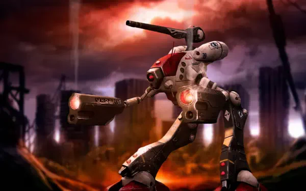 Robotech/Macross mecha in battle stance amid a burning city skyline, dramatic 4K Ultra HD PC desktop wallpaper and background.