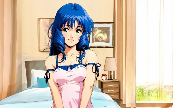 HD PC desktop wallpaper of Lynn Minmei (Lynn Minmay) from Robotech/Macross: blue-haired Minmay in a pink nightgown smiling in a sunlit bedroom background.