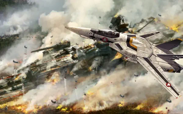 Macross/Robotech HD PC wallpaper: VF-style fighter jets streak across a smoky, explosion-scarred battlefield, dynamic background evoking the Lynn Minmei era.
