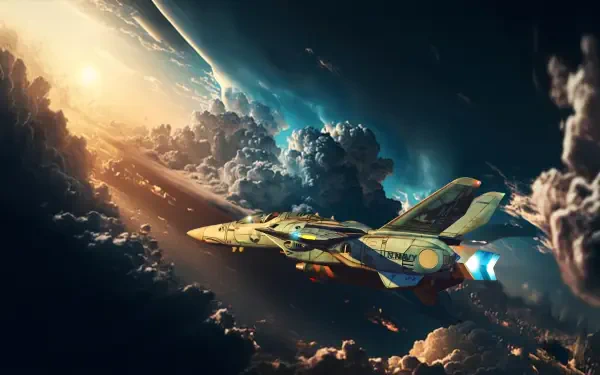 HD PC desktop wallpaper: Robotech/Macross variable fighter streaks through a dramatic cloudscape at sunset, glowing engines and detailed mech-inspired markings.