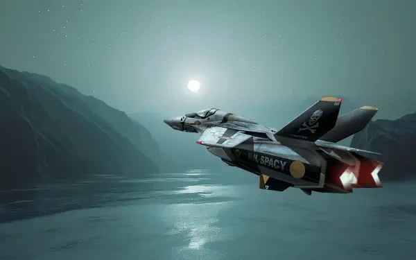 HD PC desktop wallpaper/background: Robotech/Macross VF fighter jet soars above a misty mountain lake at dusk, its thrusters glowing against a teal, layered mountain sky.