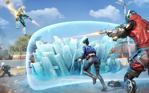 HD PC desktop wallpaper for the video game Blood Strike: armed combatants trade fire around a glowing ice-dome shield on a sunlit urban battleground background.
