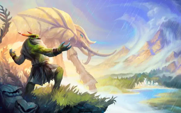 Against the Storm — 4K Ultra HD PC desktop wallpaper: a frog-like warrior on a cliff confronting a colossal woolly mammoth beneath swirling storm skies.