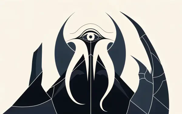 Stylized Elder God with a central all-seeing eye and curved, tentacle-like horns rising from dark geometric forms — 4K Ultra HD PC desktop wallpaper/background.