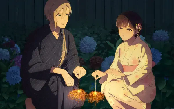 HD PC desktop wallpaper — anime My Happy Marriage: Kiyoka Kudou and Miyo Saimori sit by hydrangeas at night, in kimono and dark robe, sharing glowing sparklers.
