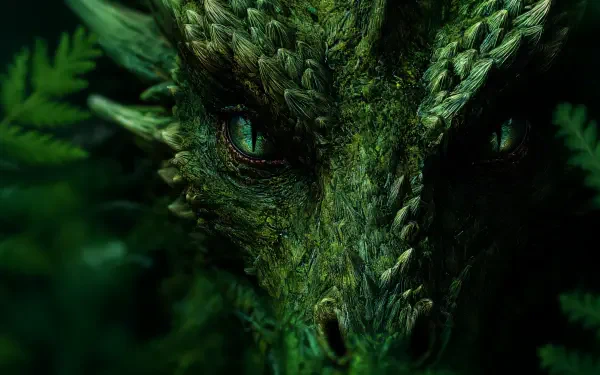 Close-up of a fantasy green dragon's scaled face and glowing eyes among foliage — detailed 4K Ultra HD PC desktop wallpaper/background.