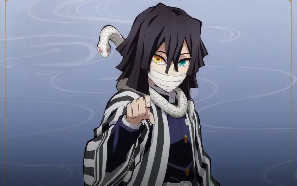 4K Ultra HD PC wallpaper of Obanai Iguro (Demon Slayer: Kimetsu no Yaiba) — bandaged face, heterochromatic eyes, white snake coiled around his shoulders on a muted blue background.