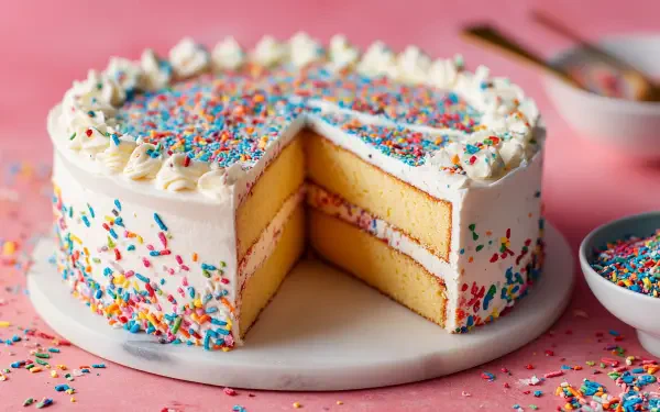 4K Ultra HD PC desktop wallpaper of a layered vanilla cake dessert with white frosting and colorful sprinkles, one slice removed on a pink background.
