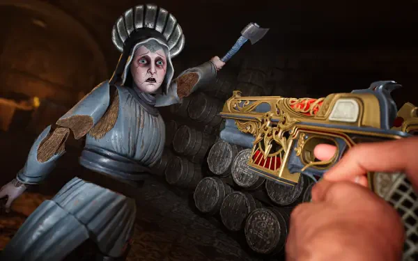 POV video game scene (Crisol: Theater of Idols): a hand fires an ornate golden pistol at a pale theatrical figure in a dark barrel-lined cellar. 4K Ultra HD PC desktop wallpaper.