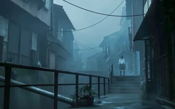 Fog-shrouded, dilapidated street scene from Silent Hill F video game, lone figure in a white coat on wet pavement — 2K Quad HD PC desktop wallpaper/background.