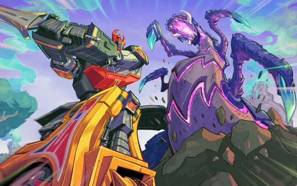 HD PC desktop wallpaper of a video game–style Fortnite Power Rangers Megazord battling a purple tentacled monster beneath a vivid, stormy sky background.