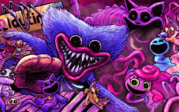 Video game HD PC desktop wallpaper/background blending Fortnite and Poppy Playtime: neon purple-pink Huggy Wuggy and eerie toy creatures in a chaotic collage.