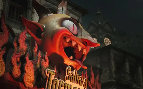 Crisol: Theater of Idols video game 4K Ultra HD PC desktop wallpaper and background, snarling red-eyed demonic fox statue with flaming motifs before a gothic theater.