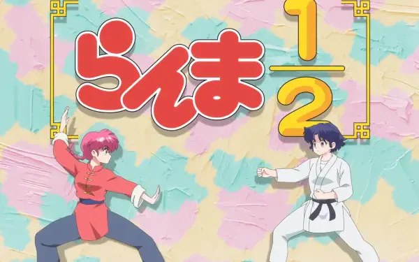 Anime HD PC desktop wallpaper of Ranma ½, showing Ranma Saotome and Akane Tendo in martial-arts stances against a pastel painted background with the series logo.