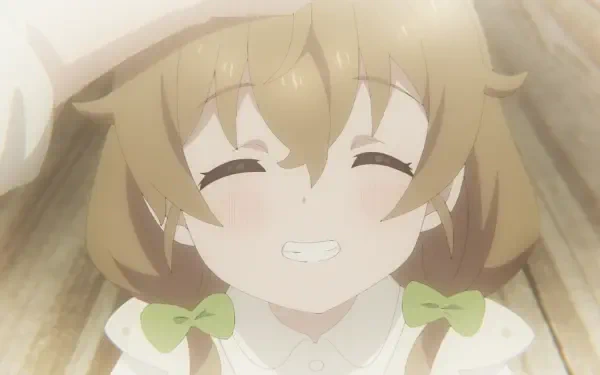 HD PC desktop wallpaper of Monica Everett from Secrets of the Silent Witch — close-up anime portrait of a smiling blond girl with green ribbon bows and warm sunlight.