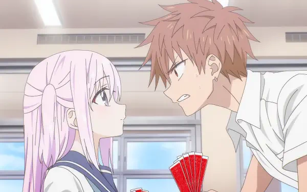 Anime HD PC desktop wallpaper: inexpressive Kashiwada with pale pink hair and school uniform faces expressive red-haired Oota shouting across a classroom.