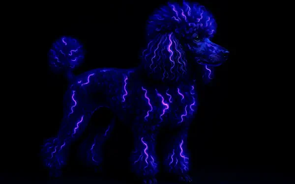 4K Ultra HD PC desktop wallpaper of a poodle outlined in neon electric-blue lightning against a black background.