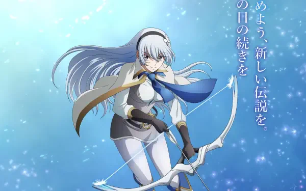 HD PC wallpaper of anime heroine from The Banished Court Magician Aims to Become the Strongest: white‑haired archer in a blue cloak poised with bow against a glowing, snow‑flecked blue background.