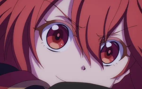 Anime close-up of Yoruha Eisentz from The Banished Court Magician Aims to Become the Strongest — intense red eyes and hair in an HD PC desktop wallpaper.