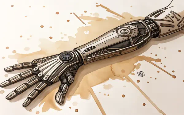 4K Ultra HD PC desktop wallpaper of a detailed cybernetic forearm and hand, mechanical joints and gears rendered over a splattered parchment-style background.