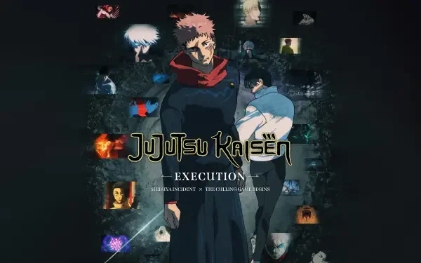 Jujutsu Kaisen 8K Ultra HD PC desktop wallpaper featuring Yuji Itadori and allies in a moody collage, central Jujutsu Kaisen logo and EXECUTION subtitle.