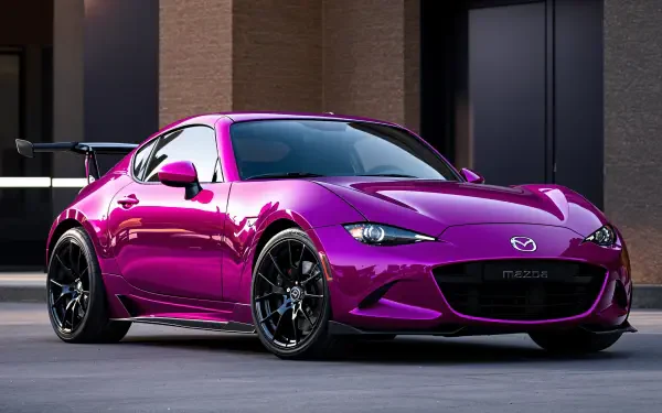 Vibrant purple Mazda sports coupe with black alloy wheels and rear wing parked by a modern building — 4K Ultra HD PC desktop wallpaper/background.