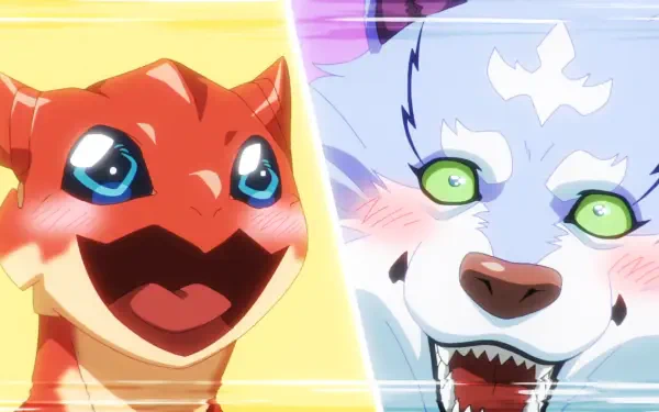 HD PC desktop wallpaper from the anime Campfire Cooking in Another World with my Absurd Skill, split-screen of Dora-chan (red) and Fel (white) grinning.