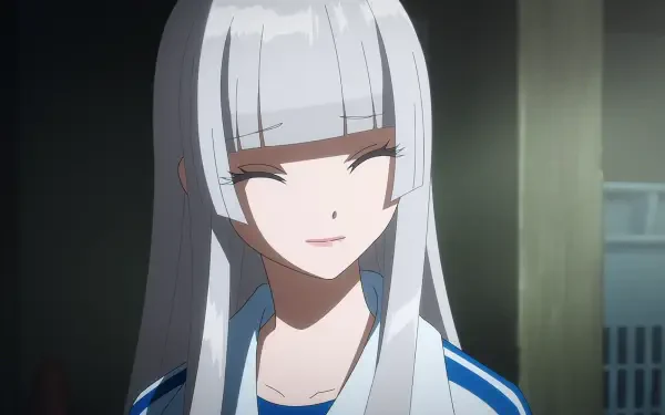 Anime HD PC desktop wallpaper/background of Wandance's Hikari Wanda smiling with long silver hair and bangs, eyes closed against a softly lit indoor backdrop.