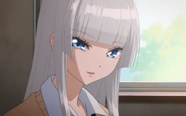 HD anime PC wallpaper of Hikari Wanda (Wandance): close-up of a silver-haired girl with blue eyes smiling softly by a sunlit window.